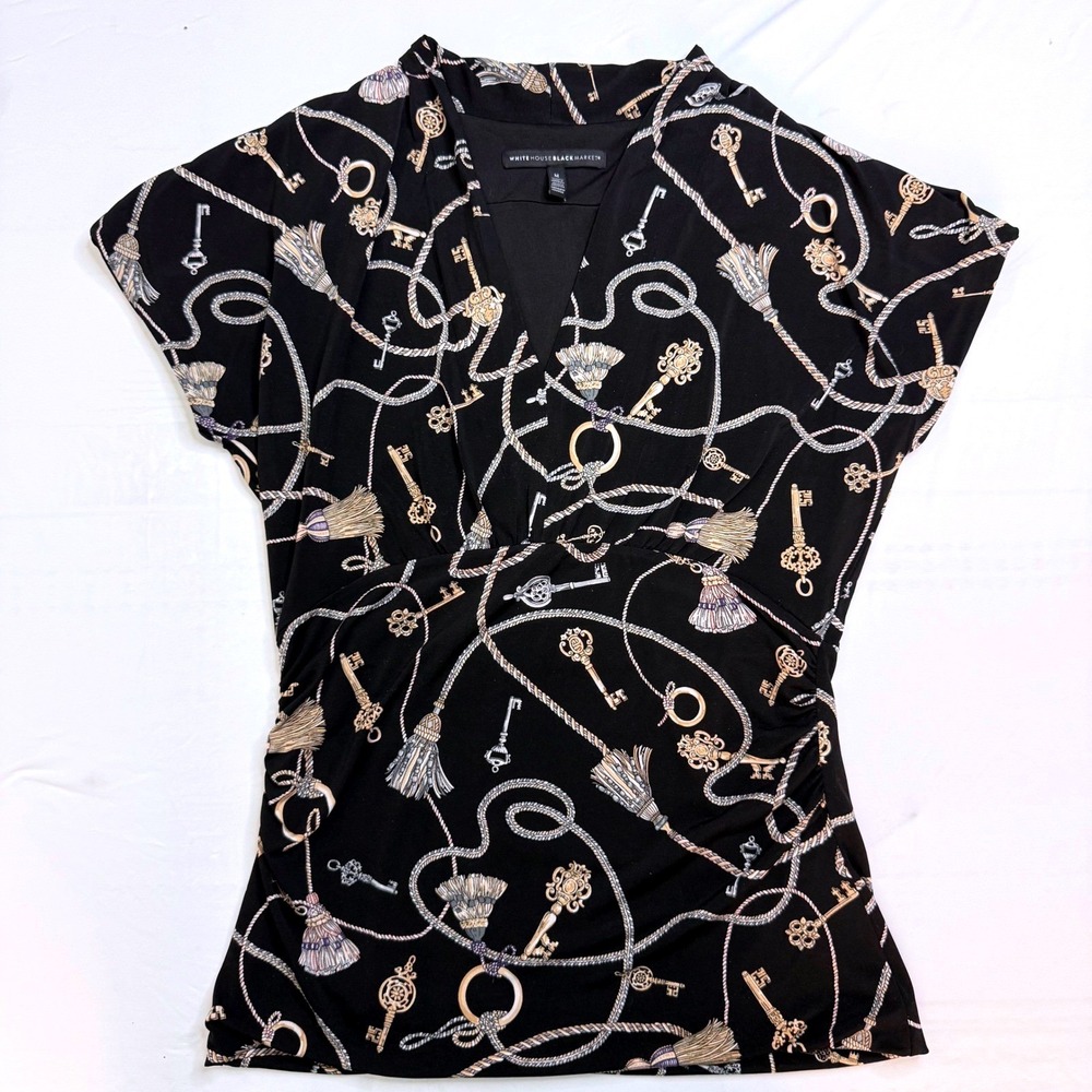 White House Black Market Black Chain Key Print Surplice Ruched Top Medium